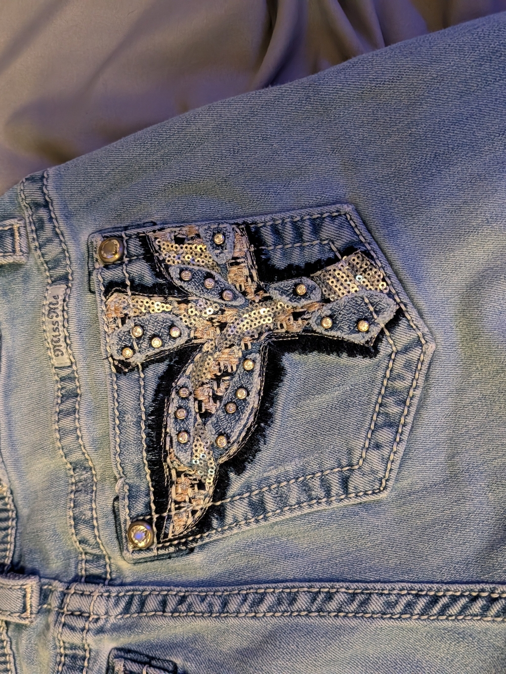 Miss Me Light Blue Boot Cut Jeans with Sequin Cross Pocket